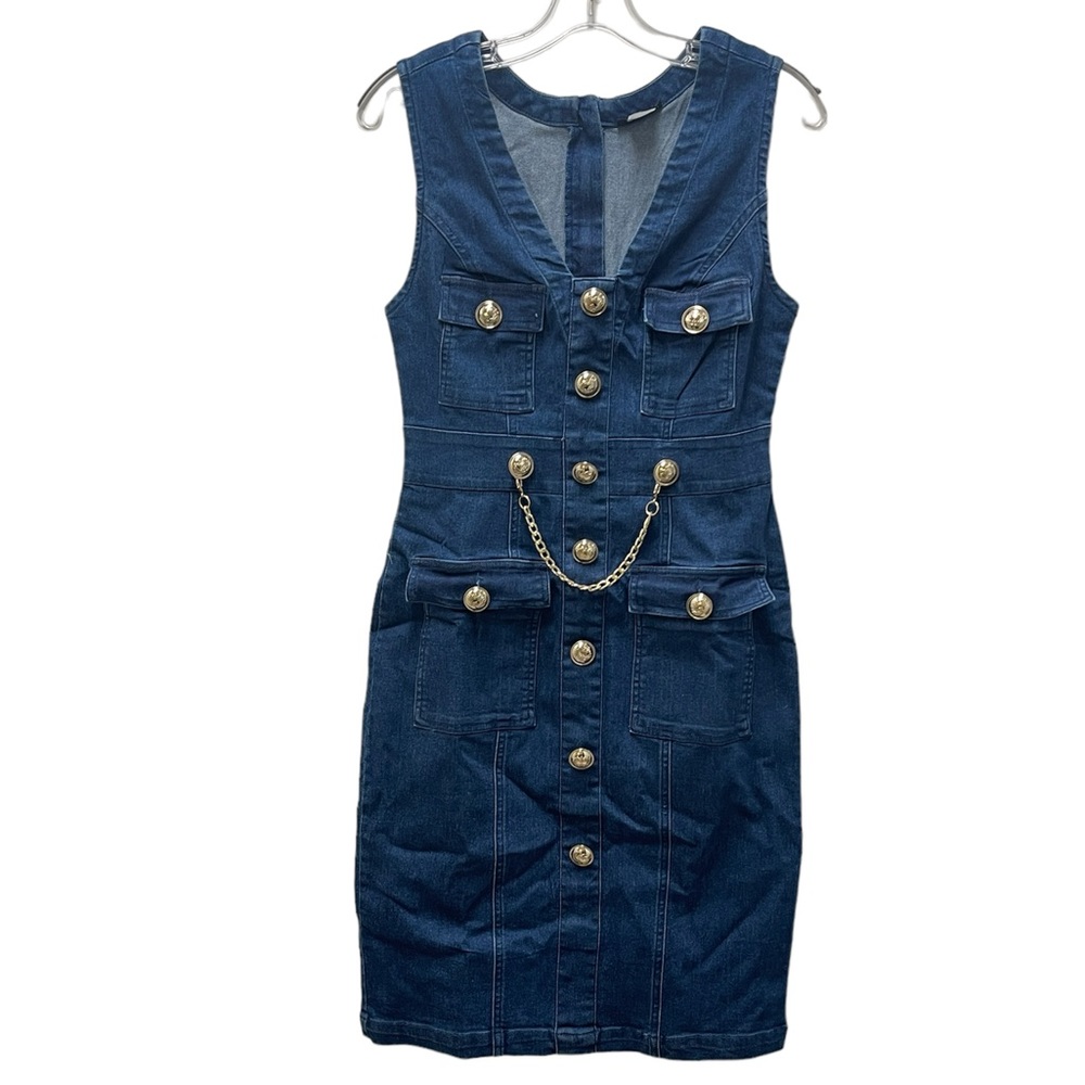 VENUS Blue Denim Dress with Gold Accents